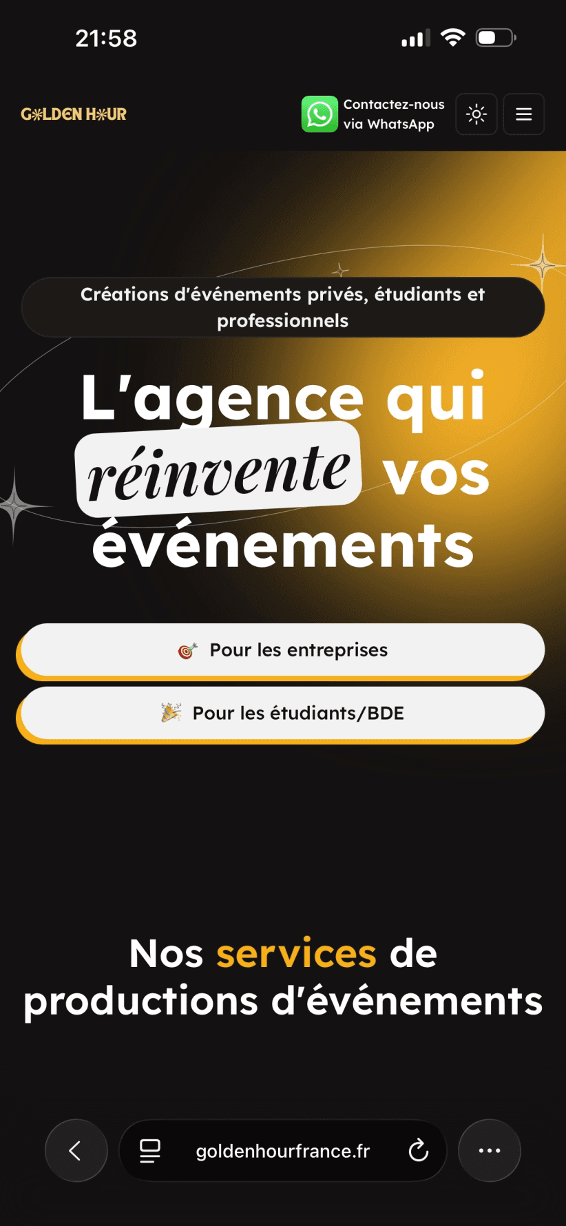 Homepage of Golden Hour France in mobile