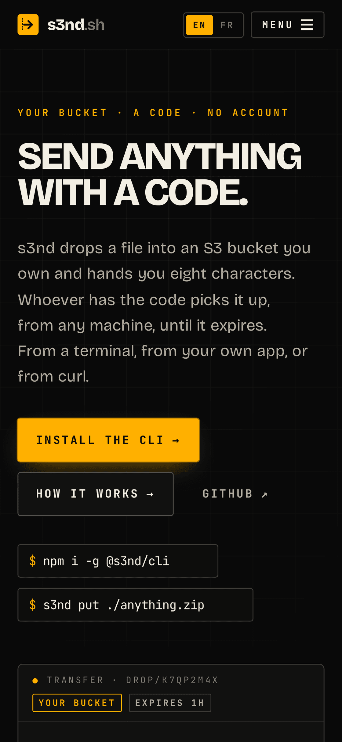 The s3nd.sh homepage on mobile
