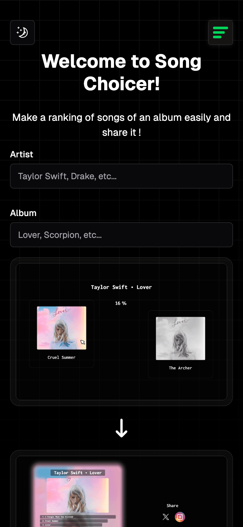 Homepage of song choicer mobile