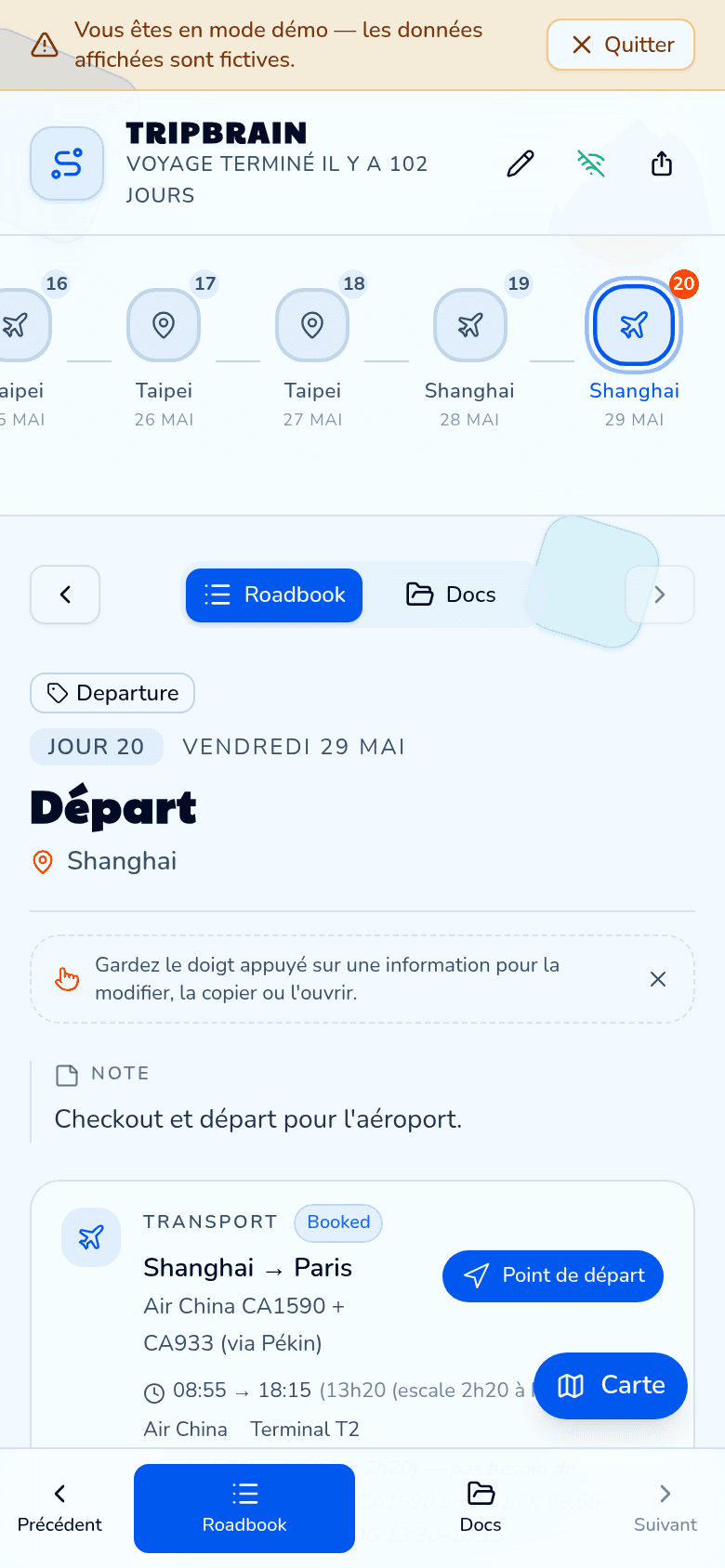 The TripBrain roadbook on mobile
