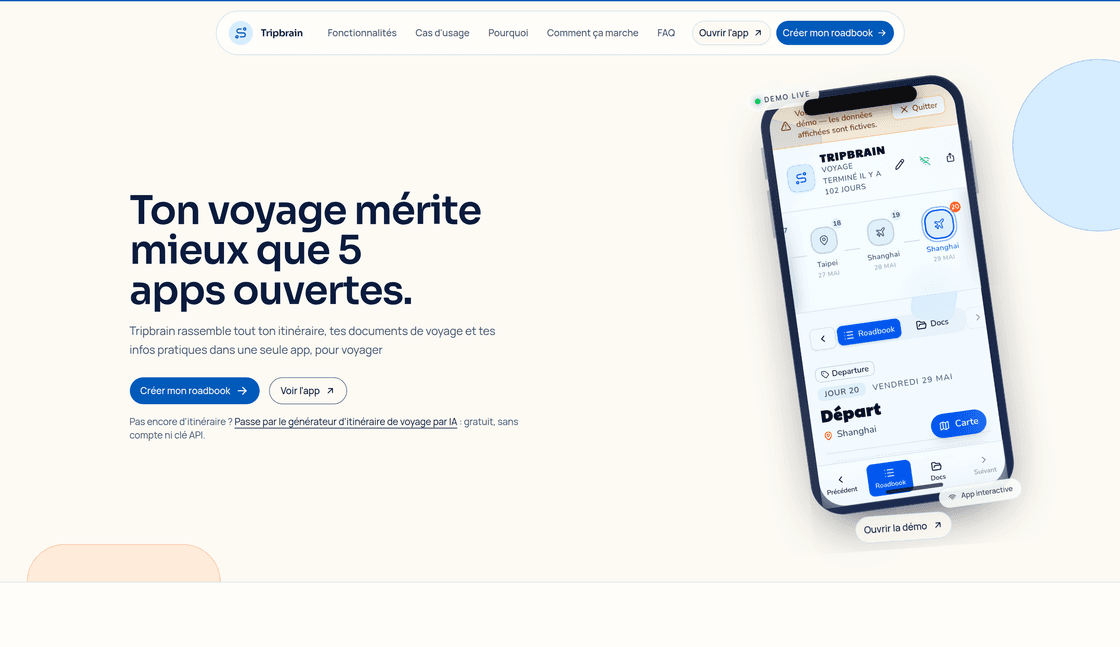 Homepage of tripbrain.fr with the live demo embedded in a phone mockup