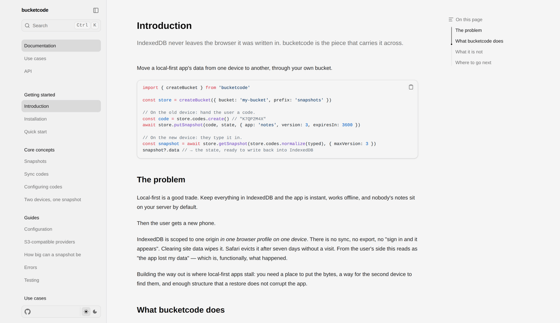 Page d'introduction de la documentation