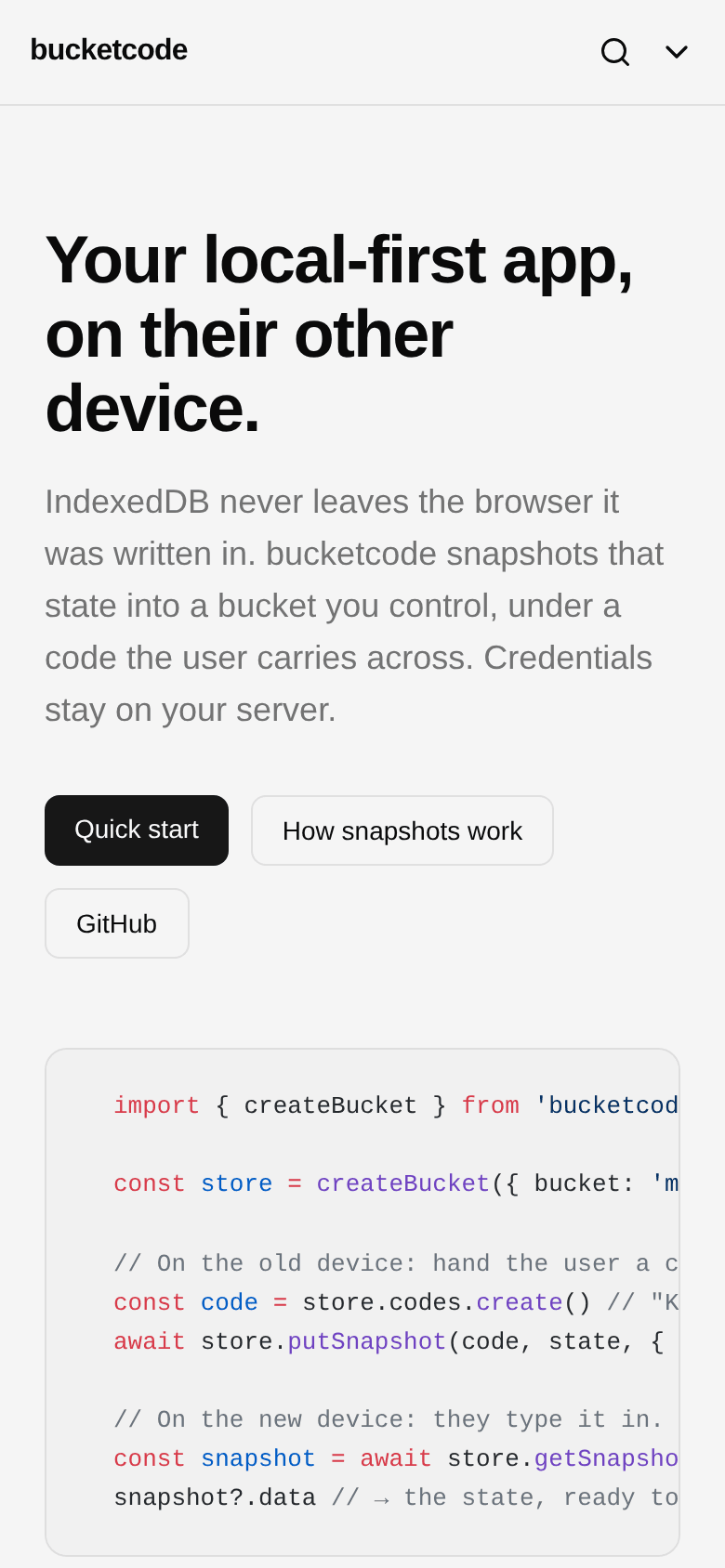 Page d'accueil de la documentation de bucketcode sur mobile