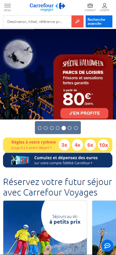 Homepage of carrefour voyages mobile