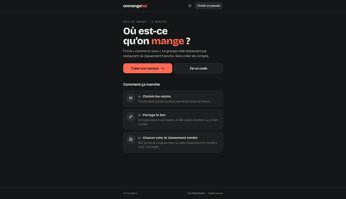 Page d'accueil d'onmangekoi en mode sombre