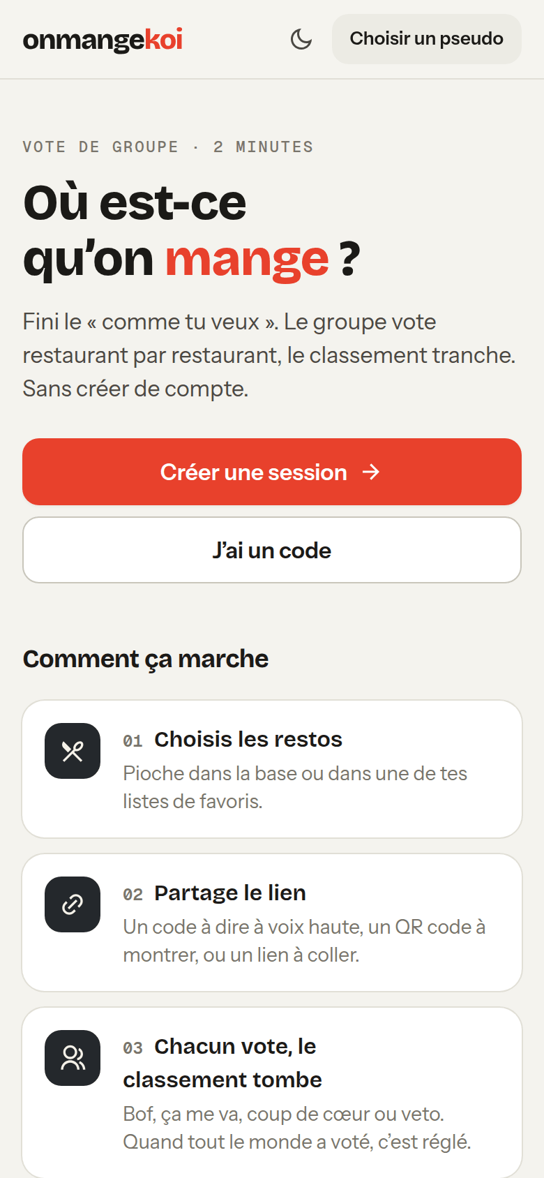 Page d'accueil d'onmangekoi sur mobile