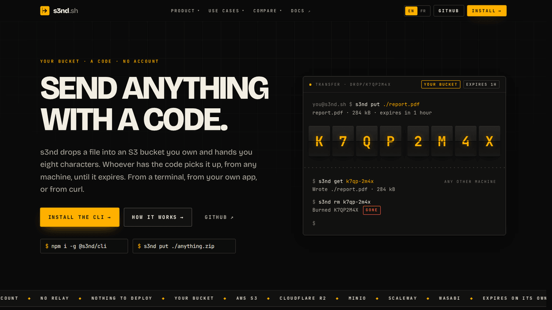 The s3nd.sh homepage: send anything with a code, the sync code on a split-flap board