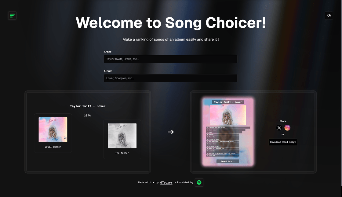 Homepage of song choicer