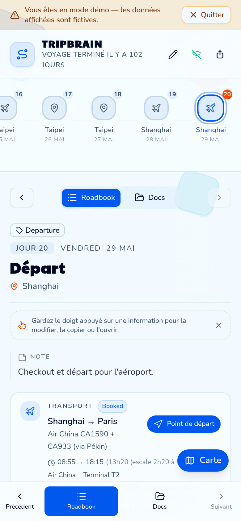 Le roadbook TripBrain sur mobile